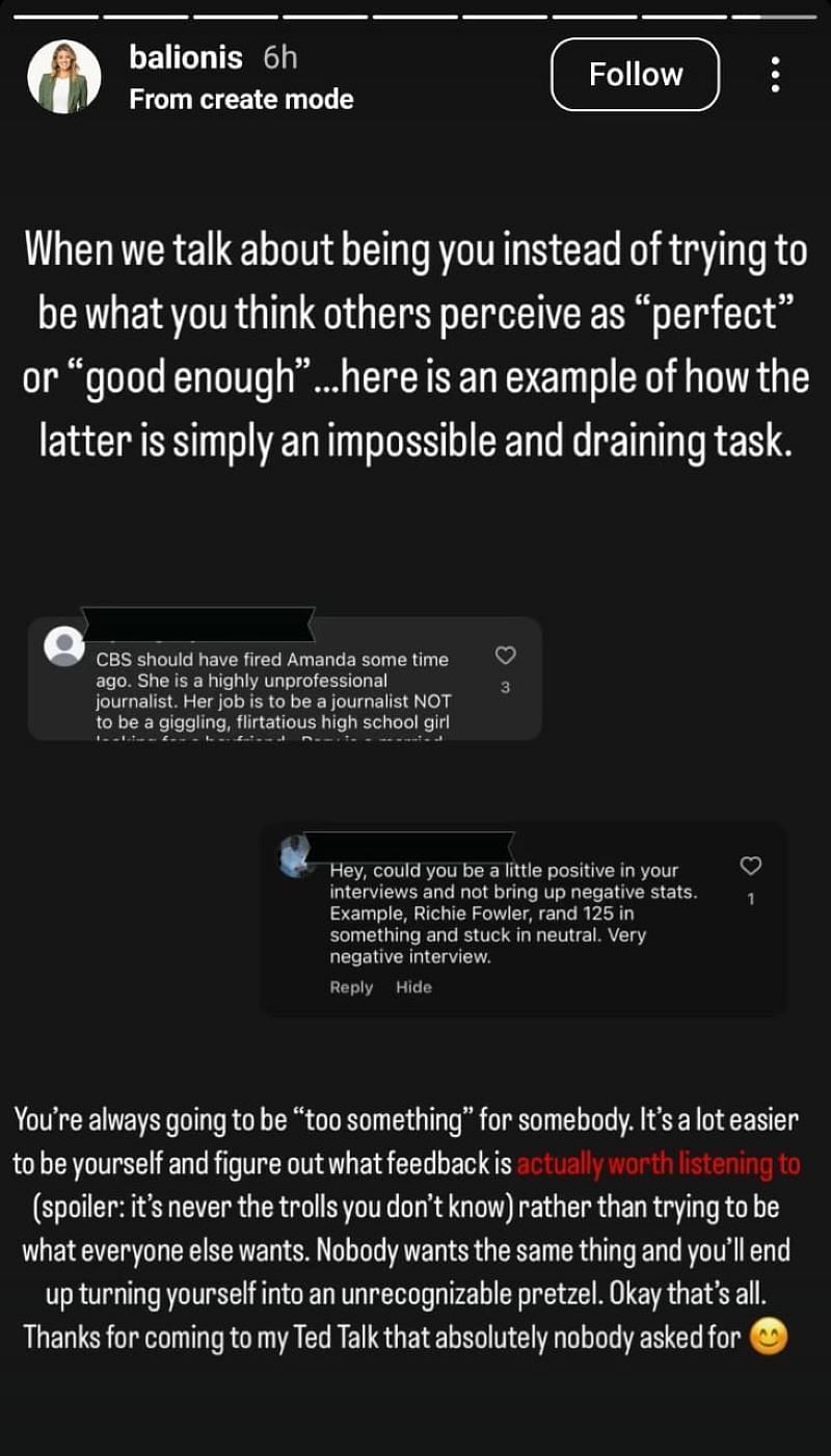 Negative comments bout Amanda Balionis ( via Amanda Balionis' Instagram story)